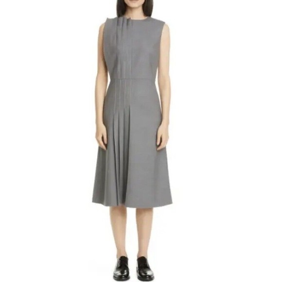 Partow NEW Lydia Asymmetrical Pleat Stretch Wool Midi Dress Steel Gray 10 $1,795